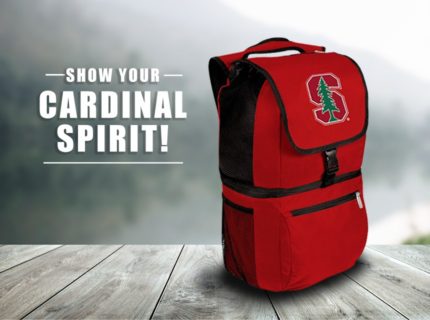 red Stanford backpack in outdoors